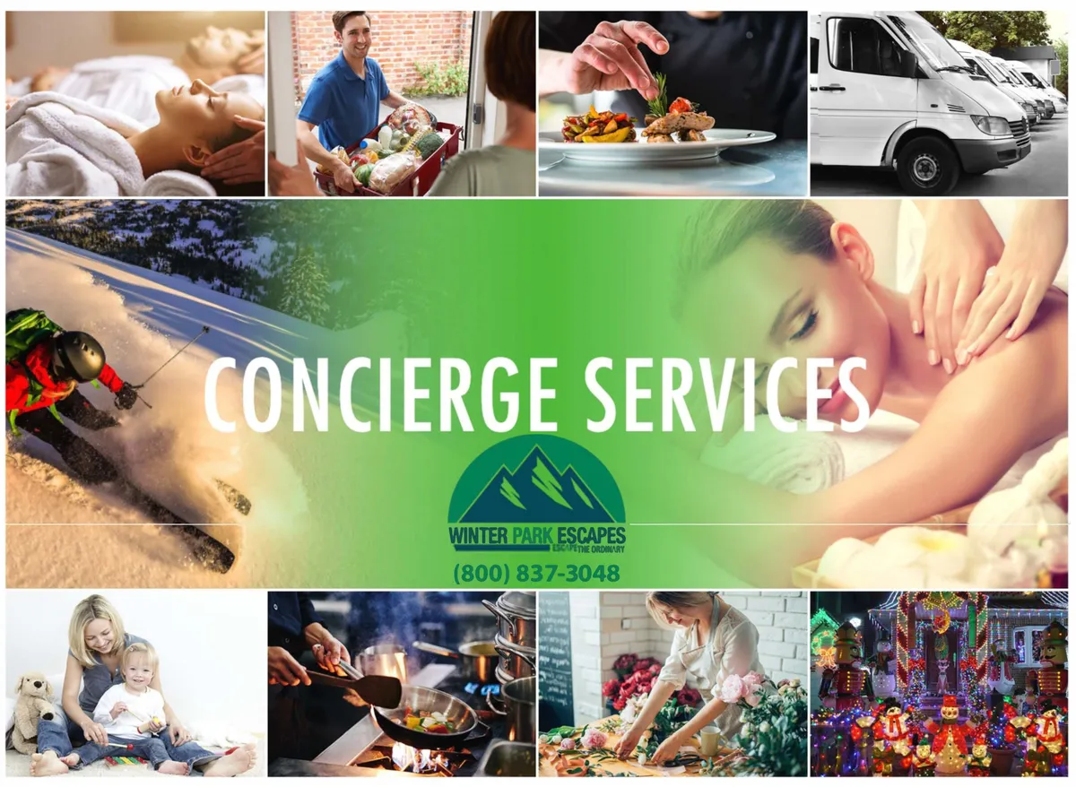 A montage of concierge services, including skiing, spa treatments, food delivery, family time, and cooking, with a luxurious and convenient mood.