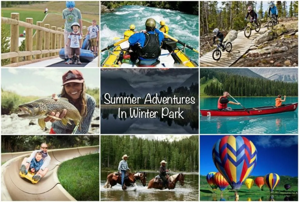 A vibrant scene showing families enjoying a range of outdoor activities: rafting, biking, fishing, kayaking, horseback riding, and water slides, set in a lush, natural environment. The energy is joyful and dynamic, depicting a group of people engaged with the landscape and each other.