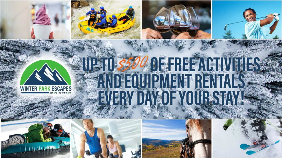 A collage-like montage of iconic mountain activities: whitewater rafting, people enjoying ice cream, wine glasses suggesting relaxation, golfing, children sledding, horseback riding, and skiing. The focus is on outdoor adventures and shared experiences in nature.