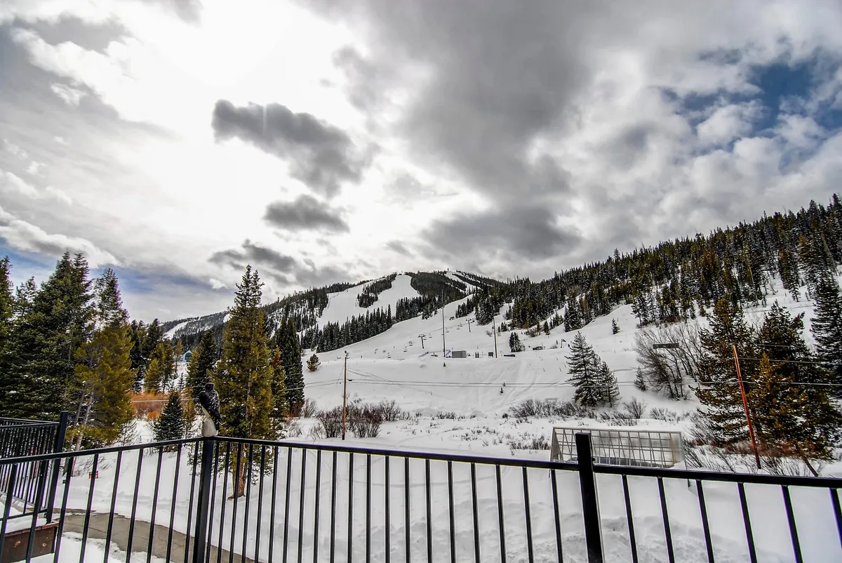 A panoramic view of snow-covered mountains framed by pine trees under a cloudy sky. The scene evokes a sense of tranquil seclusion and natural grandeur, ideal for outdoor activities like skiing or simply relaxing on the deck while taking in the scenery.