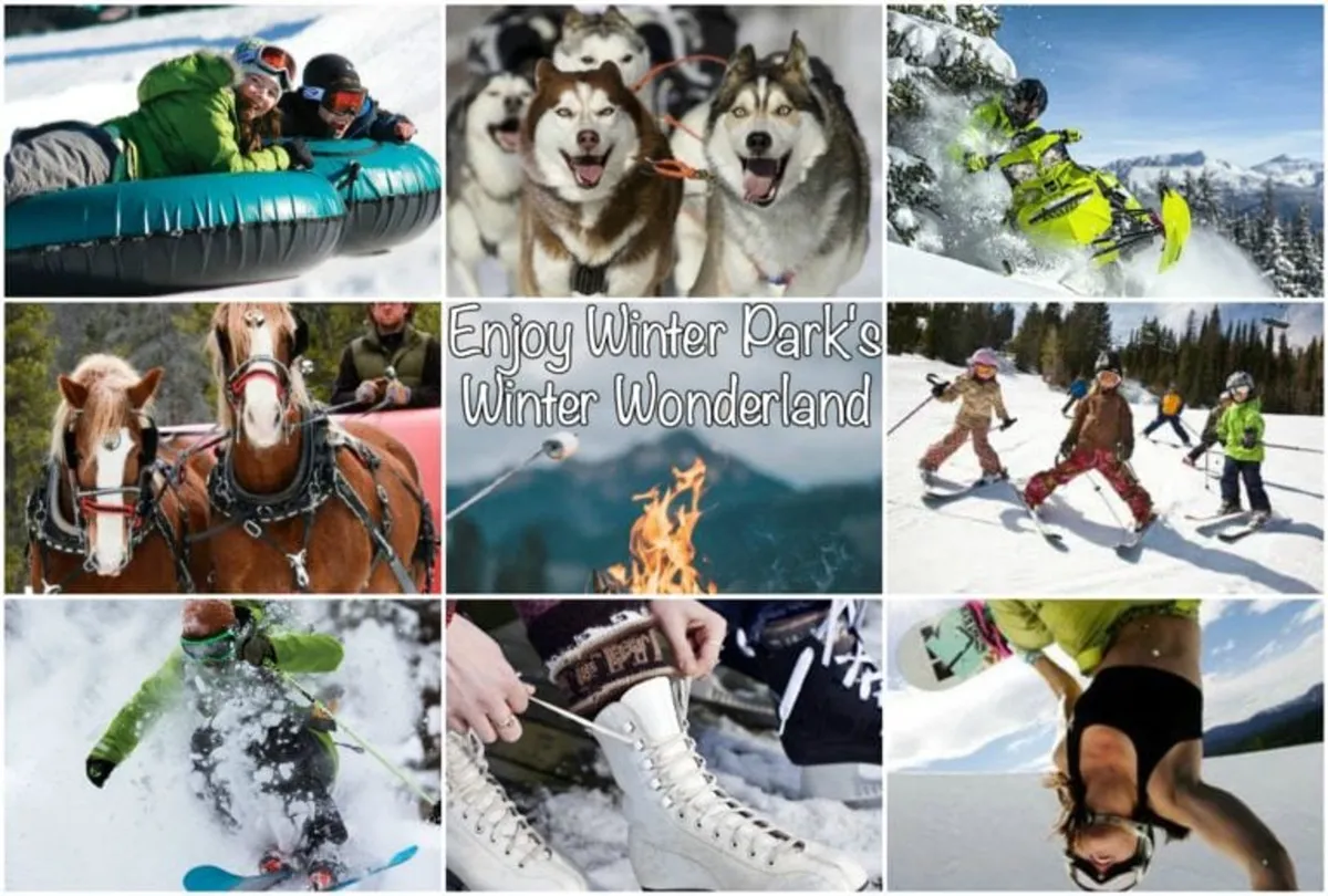 A vibrant collage scene featuring families and friends engaged in classic winter activities: snow tubing, dog sledding with huskies, snowmobiling, skiing, snowboarding, ice skating, and children playing in the snow. A cozy campfire provides a warm gathering spot after outdoor adventures.
